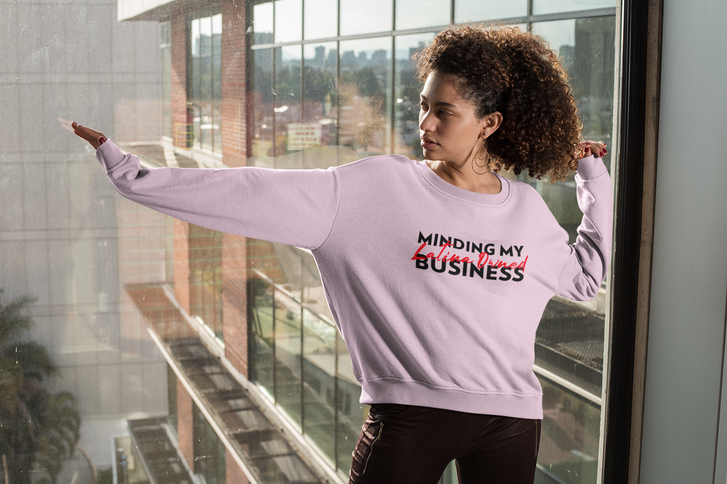 Comfy Crewneck Graphic Sweatshirt “Minding My Latina Owned Business”Red and Black Design by Holy Savage