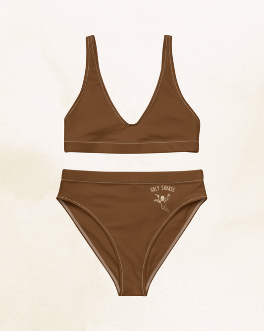 Recycled High-Waist Bikini Set - Clean Cut Classic Fit - "Cafe con Ron" Chocolate Brown by Holy Savage