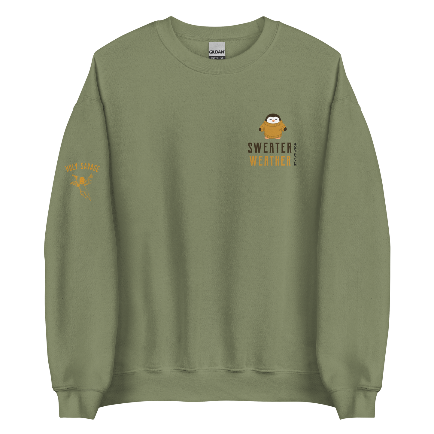 Cozy Crewneck Sweatshirt - “Sweater Weather” Penguin in Tan Design by Holy Savage