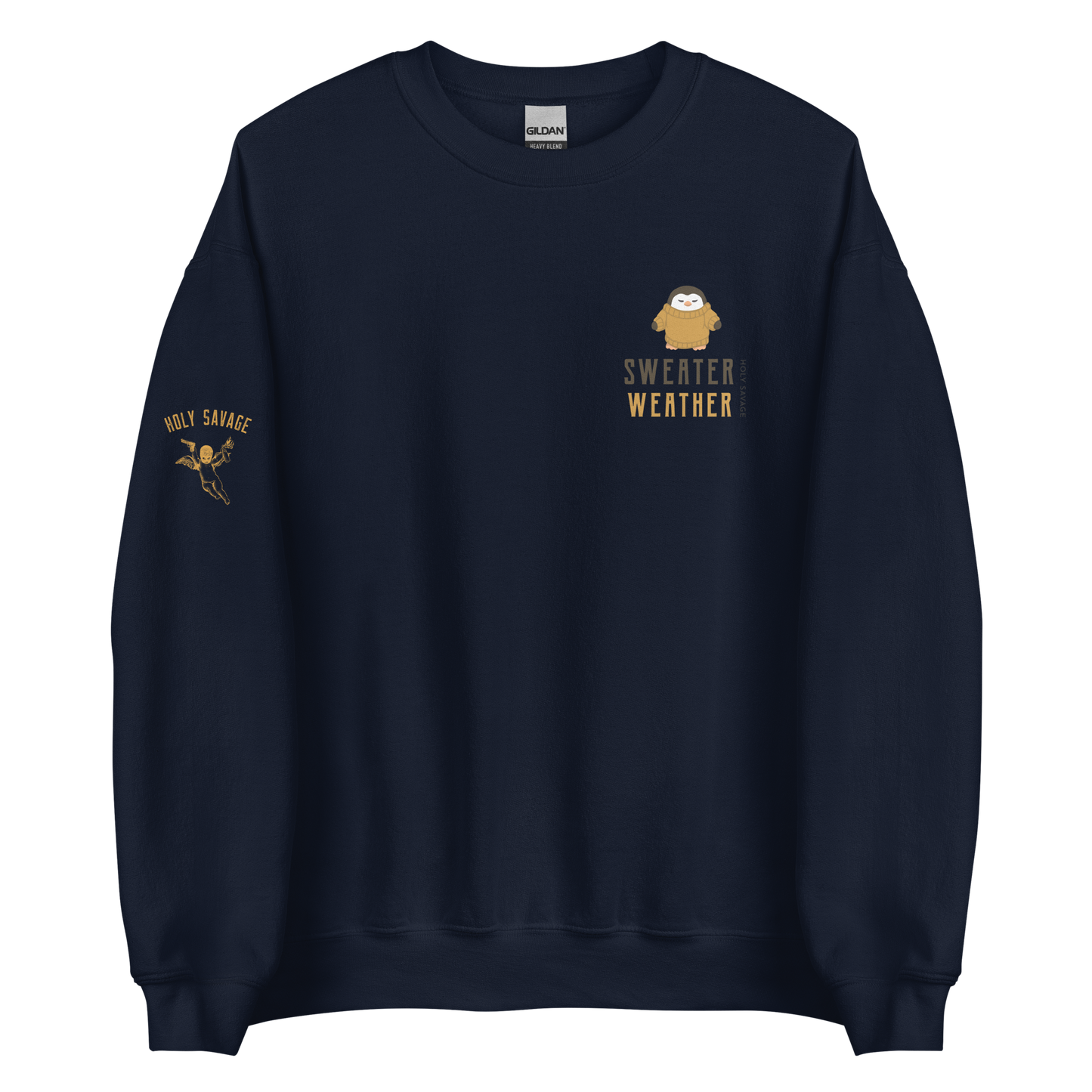 Cozy Crewneck Sweatshirt - “Sweater Weather” Penguin in Tan Design by Holy Savage