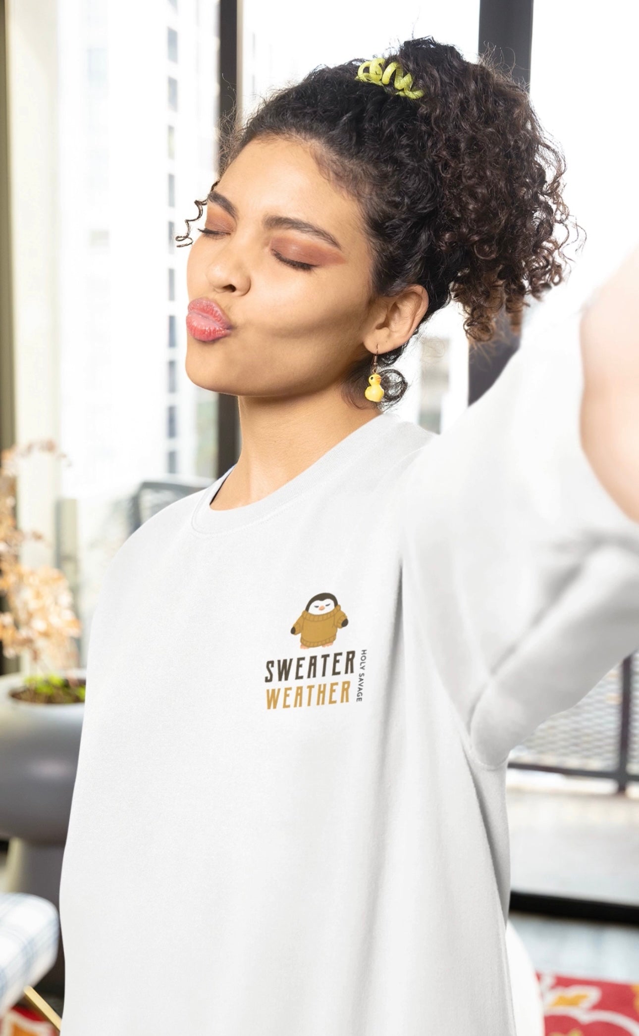 Cozy Crewneck Sweatshirt - “Sweater Weather” Penguin in Tan Design by Holy Savage
