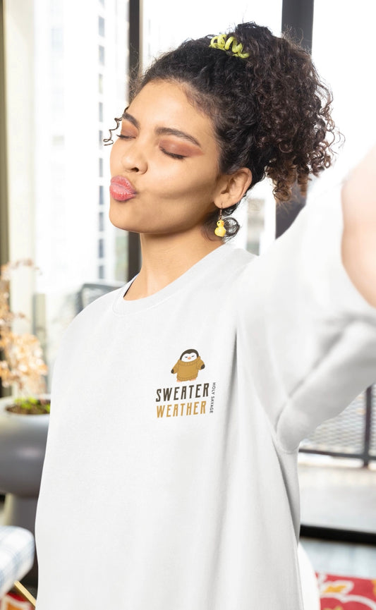 Cozy Crewneck Sweatshirt - “Sweater Weather” Penguin in Tan Design by Holy Savage