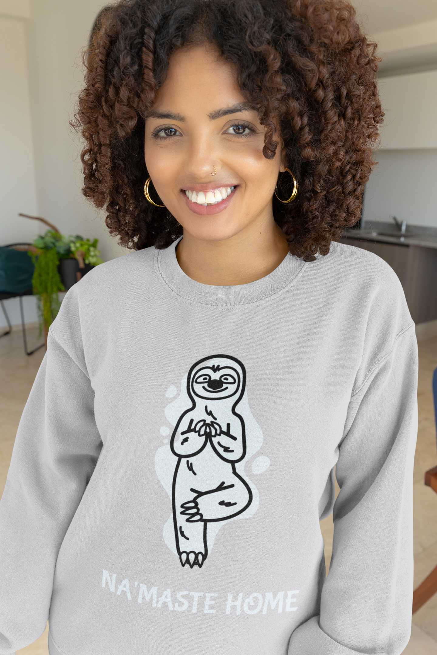 Cozy Crewneck Graphic Sweatshirt - “Namaste Home” Ice Sloth Blue Design by Holy Savage