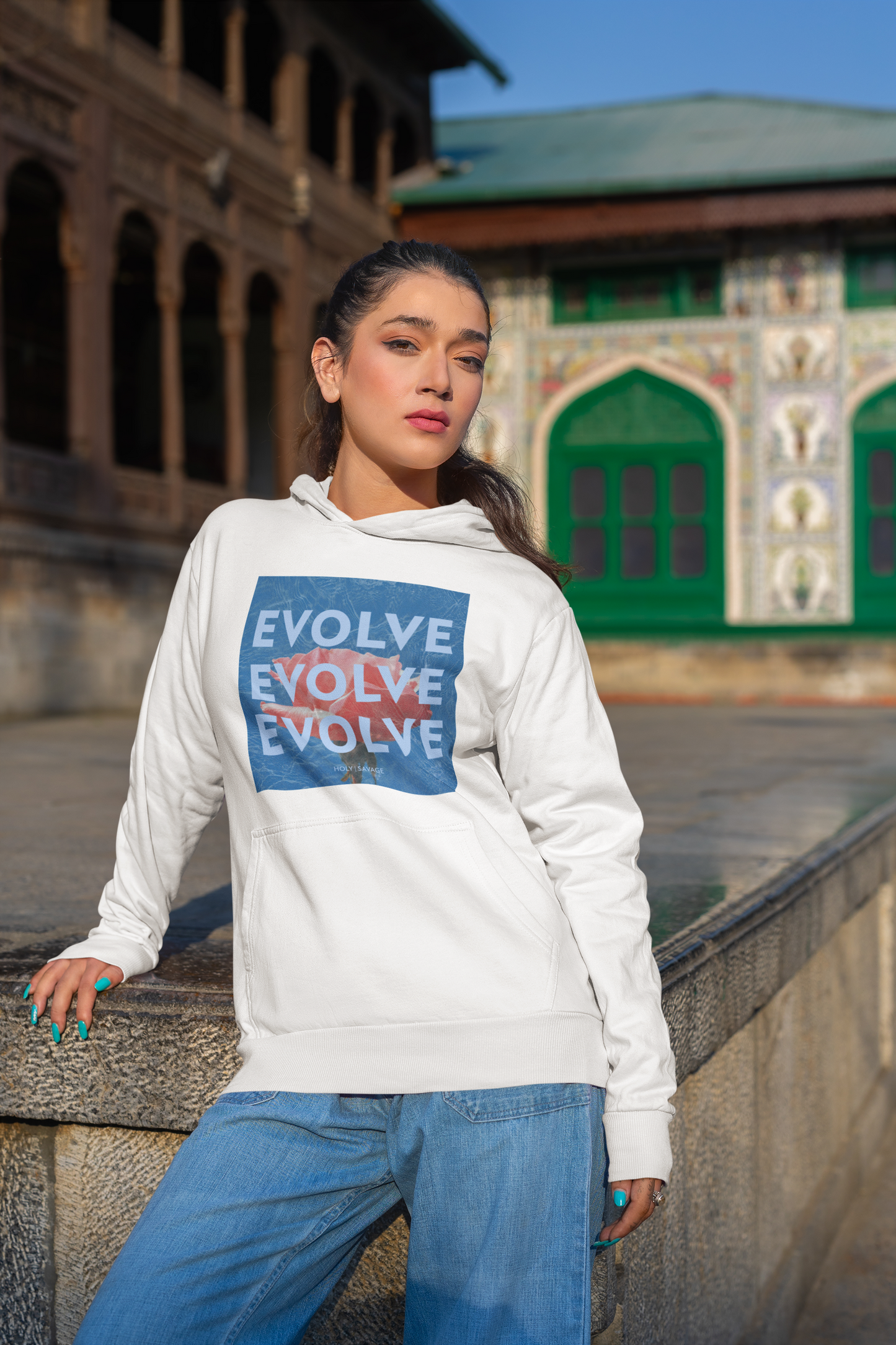 Graphic Premium Comfort Hoodie - Conscious “Evolve” Blue/Rose Design by Holy Savage