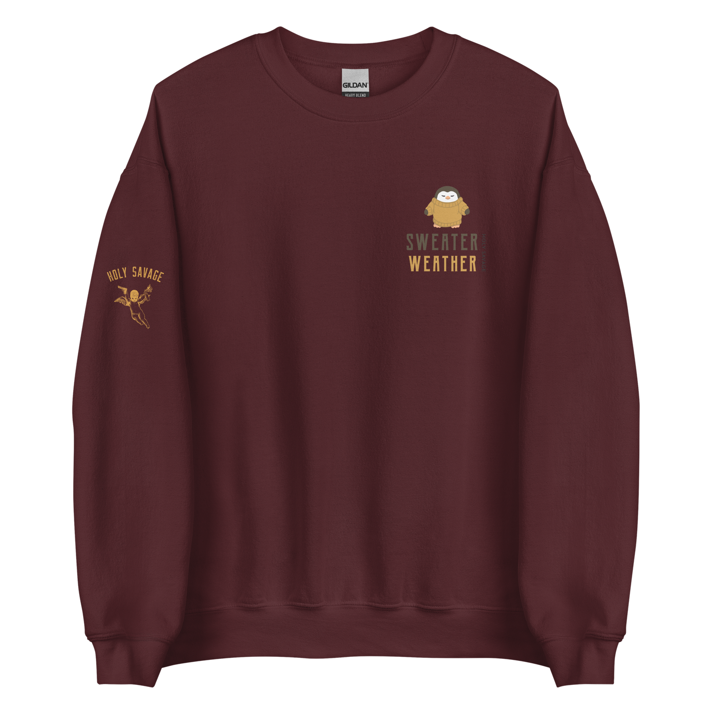 Cozy Crewneck Sweatshirt - “Sweater Weather” Penguin in Tan Design by Holy Savage