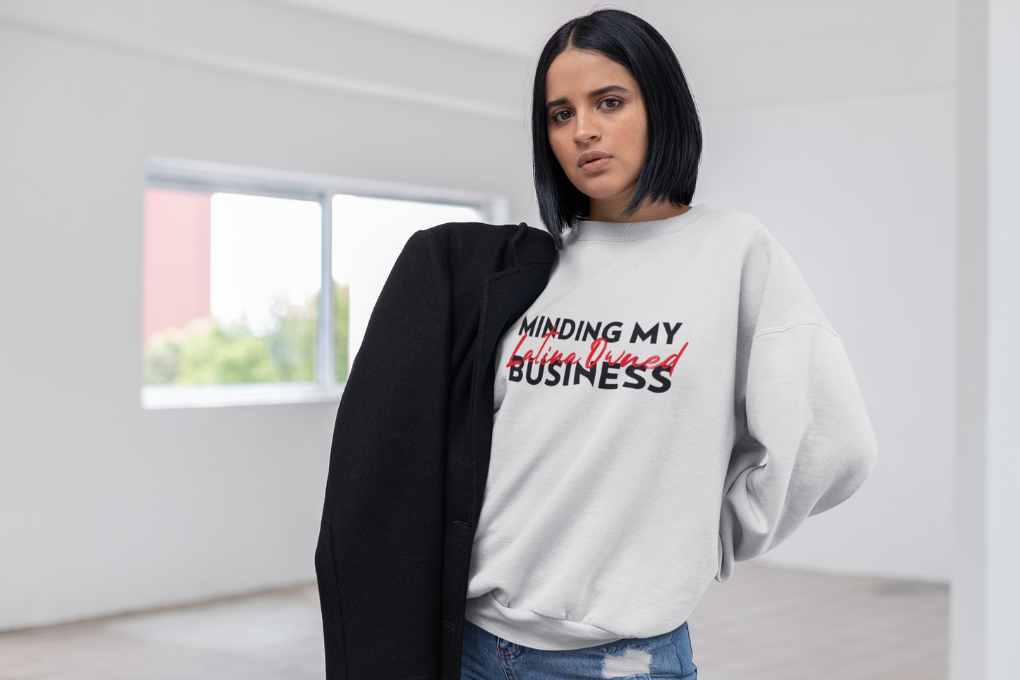 Comfy Crewneck Graphic Sweatshirt “Minding My Latina Owned Business”Red and Black Design by Holy Savage