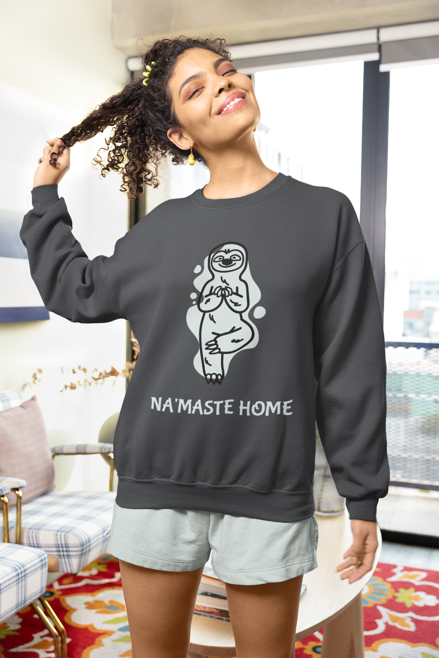 Cozy Crewneck Graphic Sweatshirt - “Namaste Home” Ice Sloth Blue Design by Holy Savage