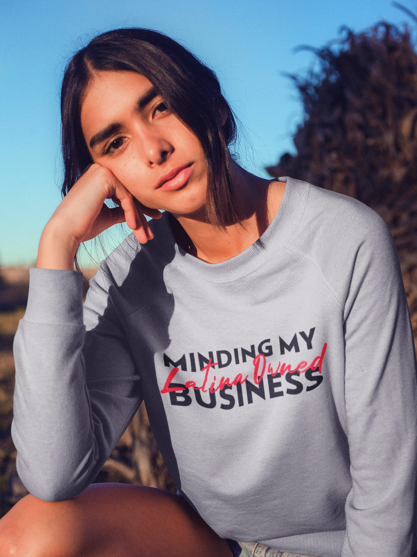 Comfy Crewneck Graphic Sweatshirt “Minding My Latina Owned Business”Red and Black Design by Holy Savage