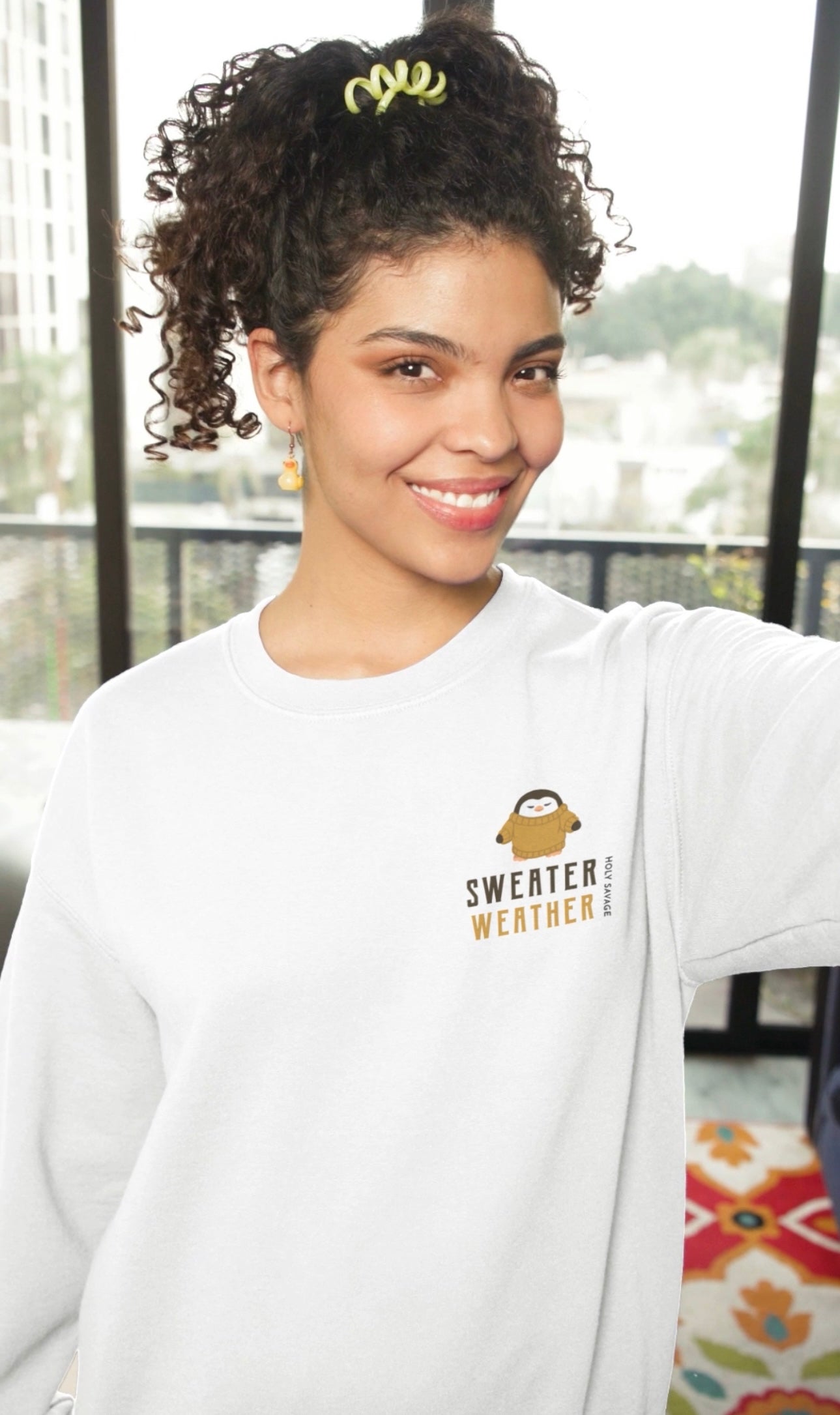 Cozy Crewneck Sweatshirt - “Sweater Weather” Penguin in Tan Design by Holy Savage