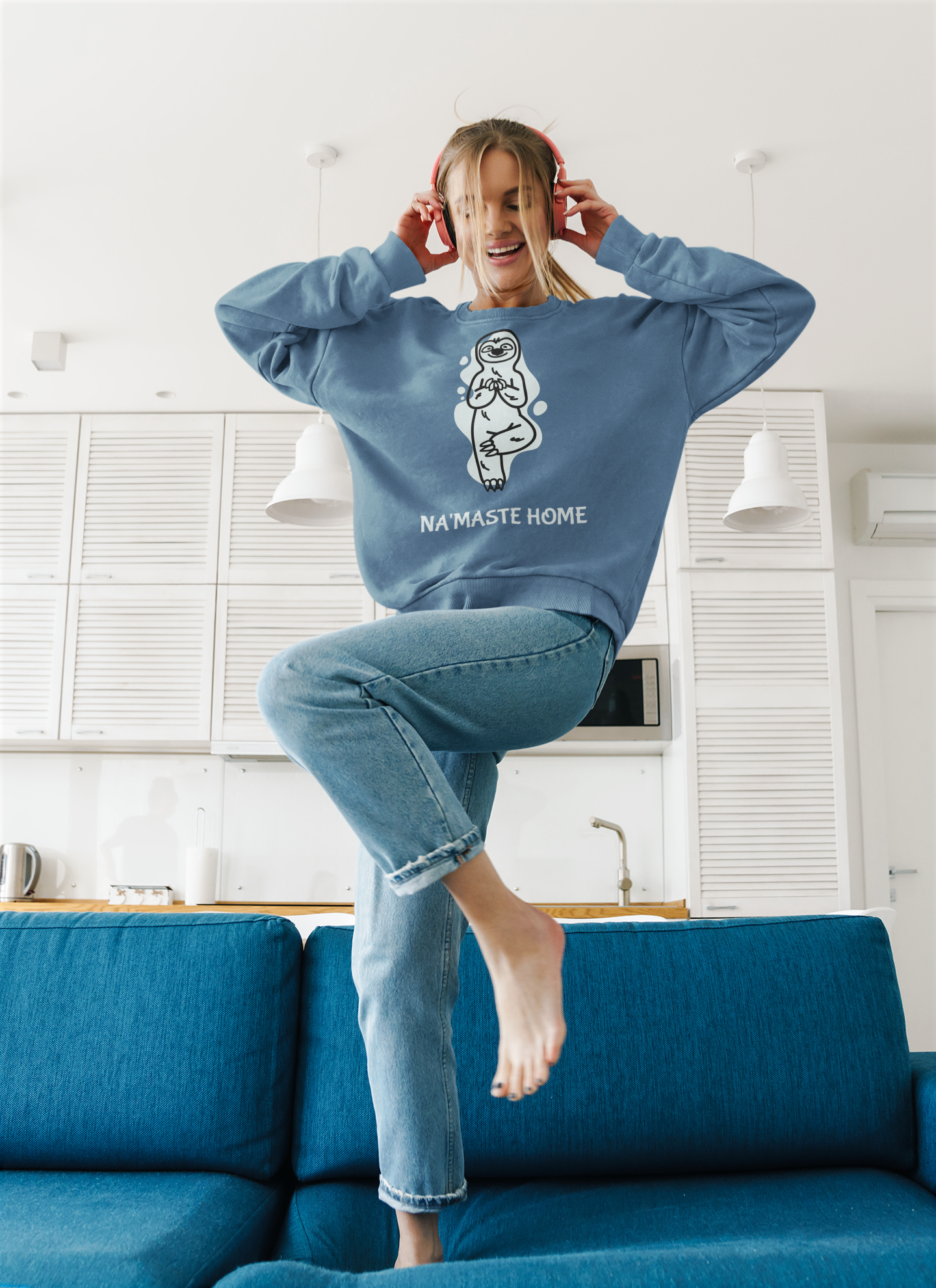 Cozy Crewneck Graphic Sweatshirt - “Namaste Home” Ice Sloth Blue Design by Holy Savage