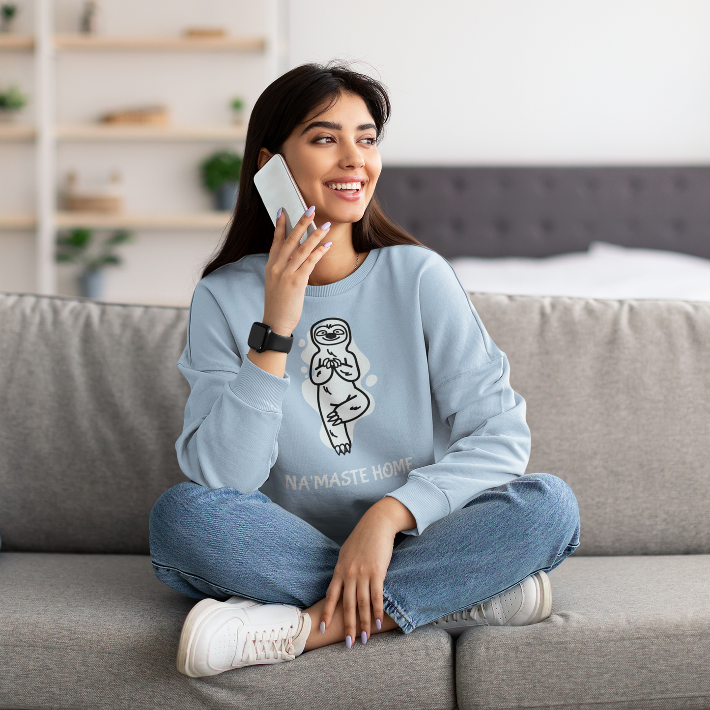 Cozy Crewneck Graphic Sweatshirt - “Namaste Home” Ice Sloth Blue Design by Holy Savage