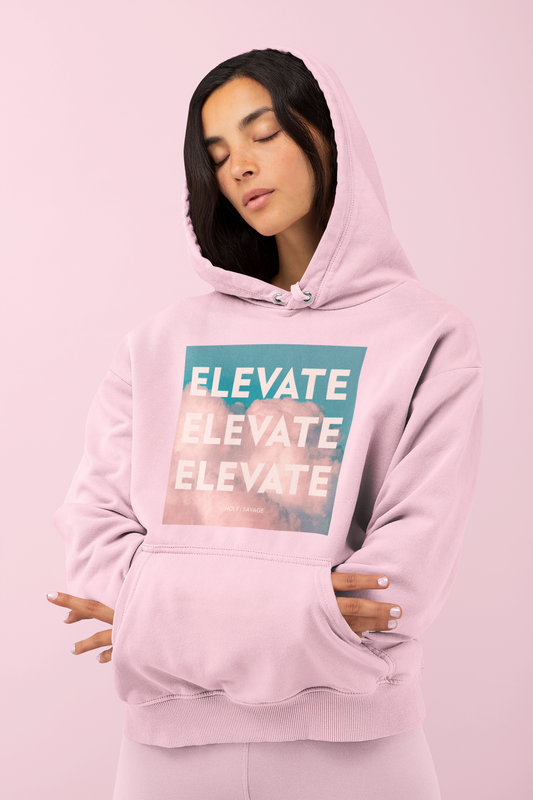 Graphic Premium Comfort Hoodie - Conscious “Elevate” Sky Pink Design by Holy Savage
