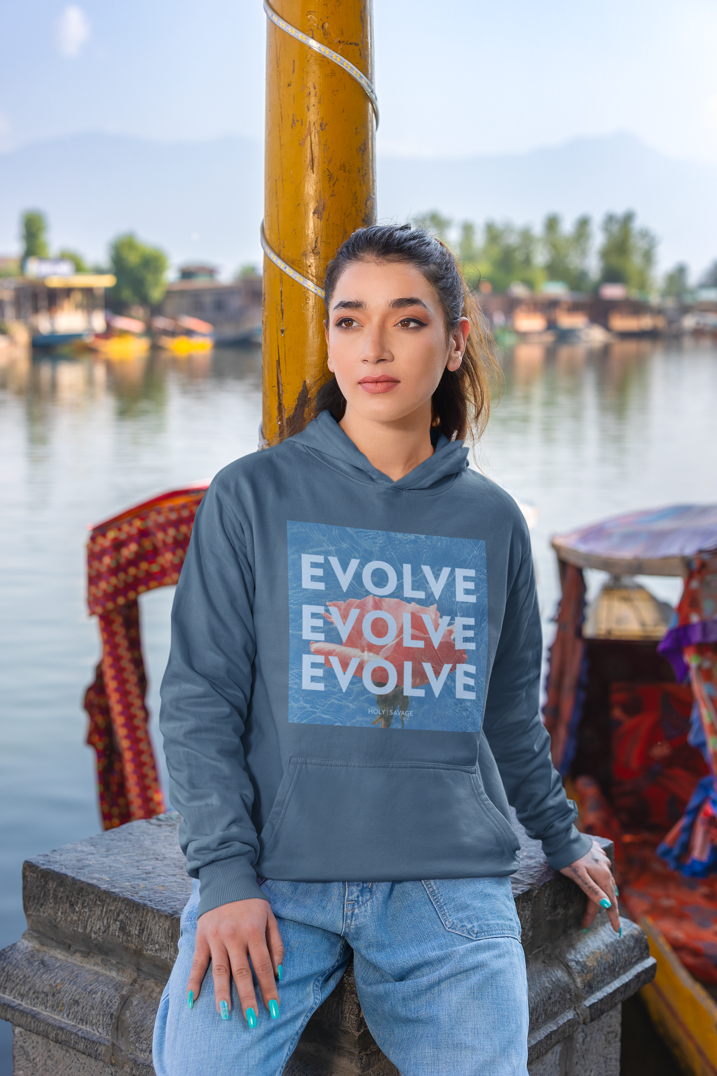 Graphic Premium Comfort Hoodie - Conscious “Evolve” Blue/Rose Design by Holy Savage
