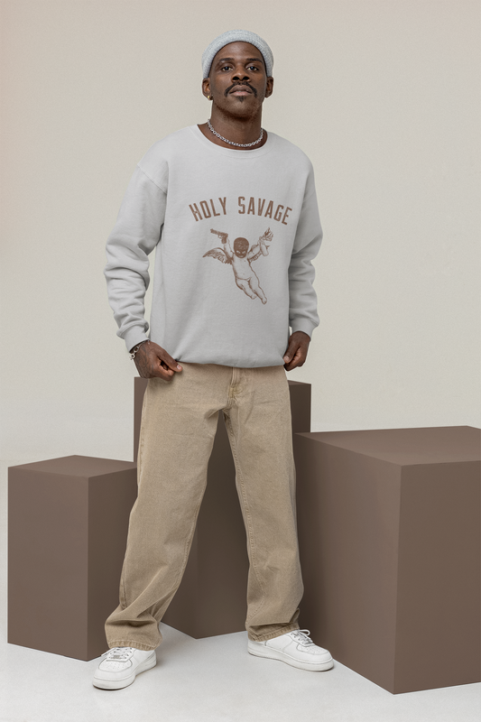 Comfy Crewneck Graphic Sweatshirt - Fall Brown “Holy Savage”
