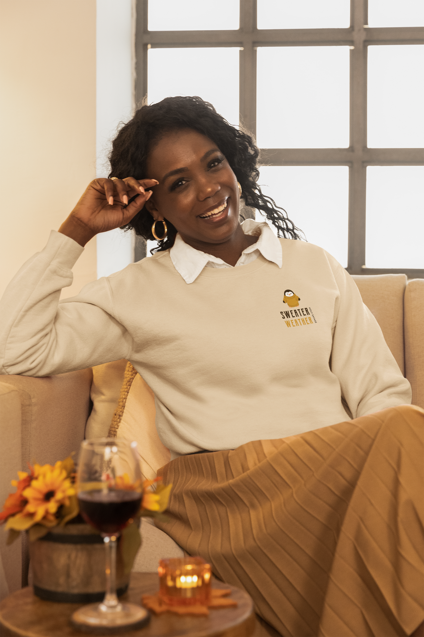 Cozy Crewneck Sweatshirt - “Sweater Weather” Penguin in Tan Design by Holy Savage
