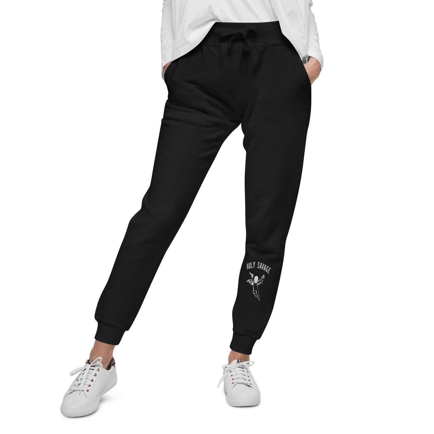 Fleece Lined Joggers Sweatpants Premium Comfort - Minimalist White “Holy Savage” Design