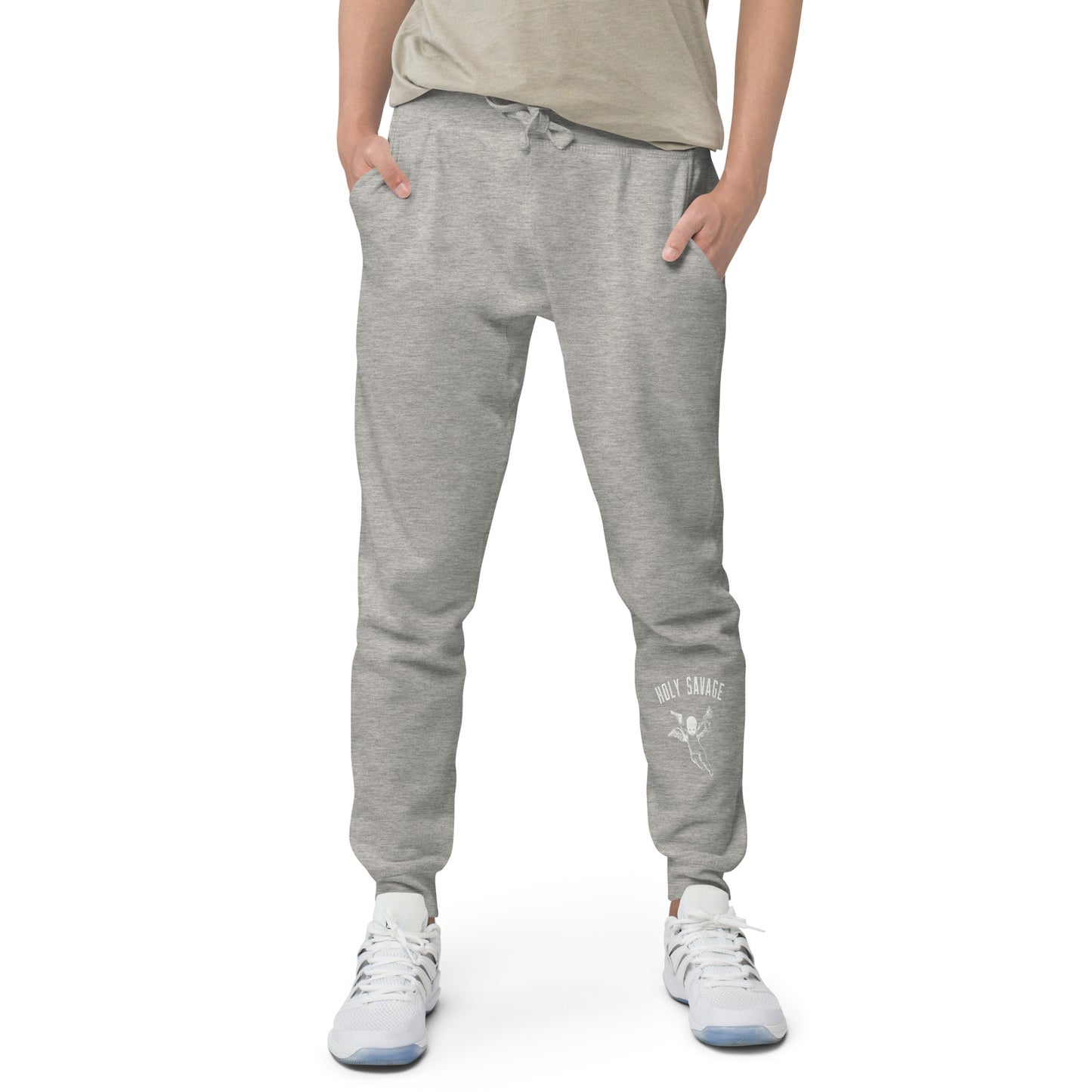Fleece Lined Joggers Sweatpants Premium Comfort - Minimalist White “Holy Savage” Design
