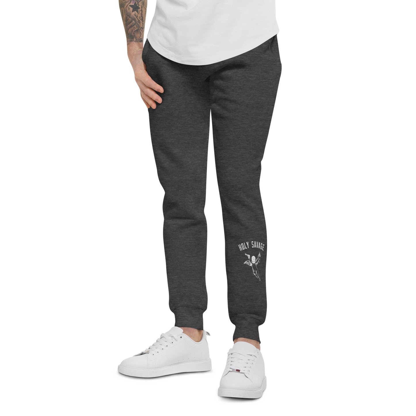 Fleece Lined Joggers Sweatpants Premium Comfort - Minimalist White “Holy Savage” Design