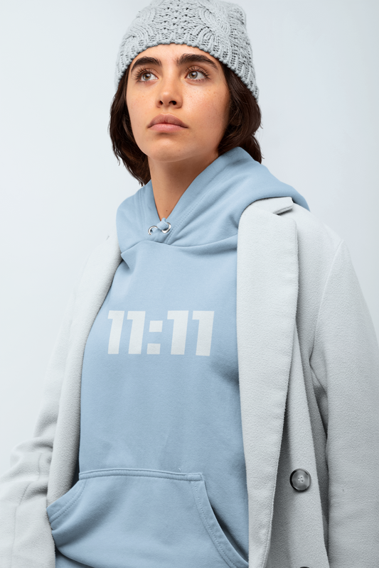 “11:11” Angel Numbers - Graphic Premium Comfort Hoodie- Minimalist Ice Blue “11:11” Design by Holy Savage