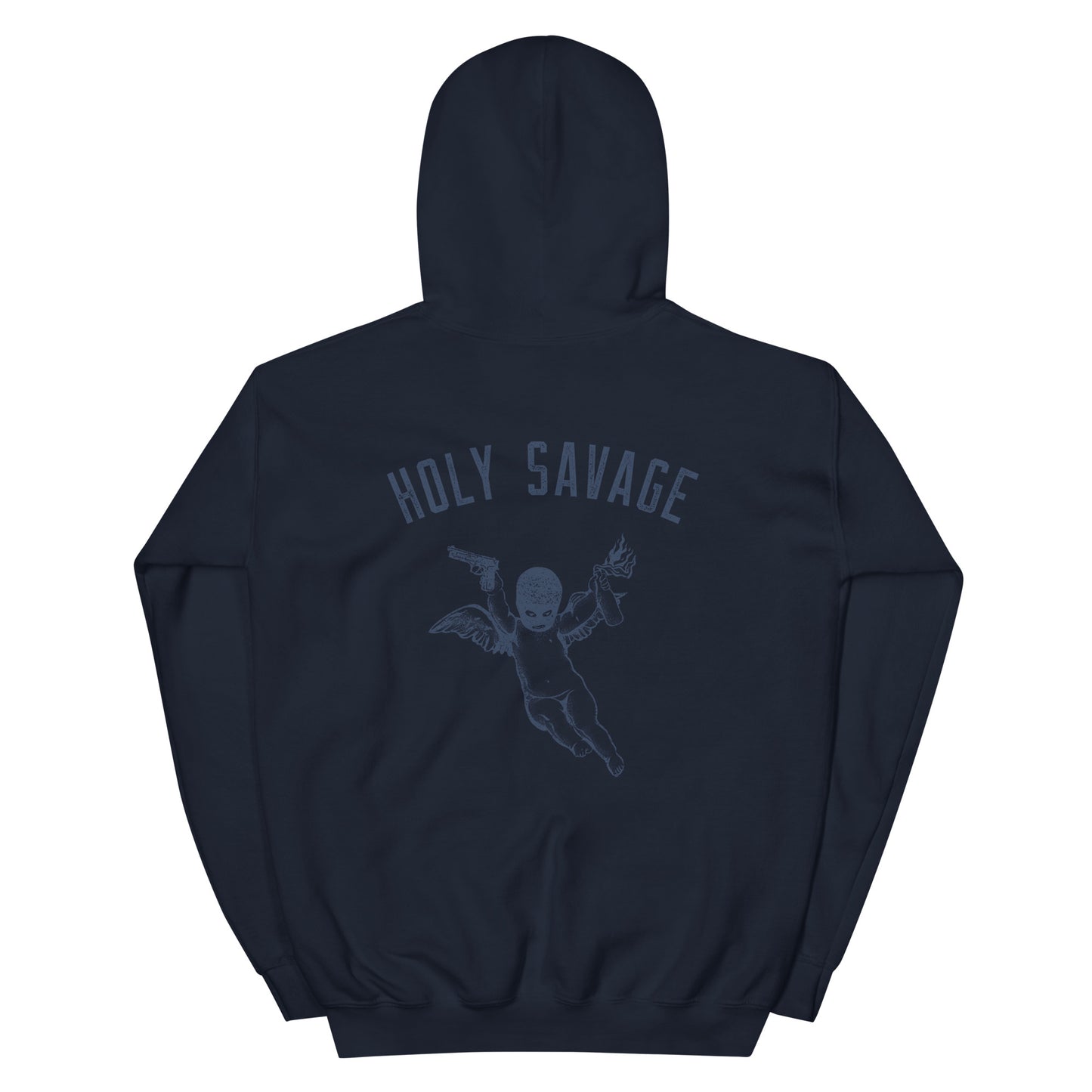 Graphic Premium Comfort Hoodie - Navy Blue Streetwear “Holy Savage” Back Design