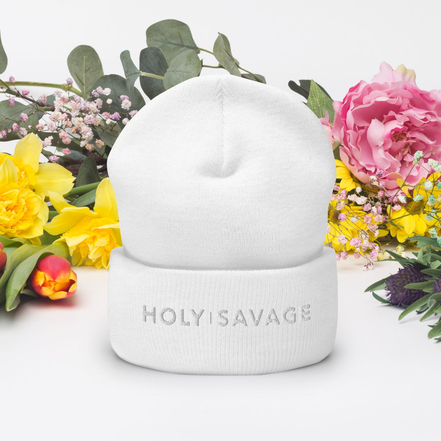 Holy Savage White Embroidery Beanie